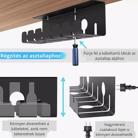 Kábeltartó Tálca 43 cm, Fekete - Asztal Alá Szerelhető