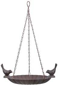 Felakasztható öntöttvas madáretető és itató, két kismadárral