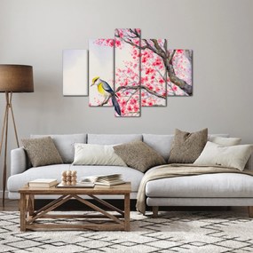 Kép - Madár egy fán, piros virágokkal (150x105 cm)