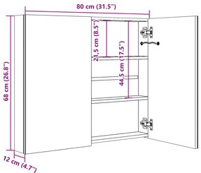 fényes fekete LED-es tükrös fürdőszobaszekrény 80 x 12 x 68 cm