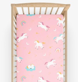 Goldea gyermek körgumis pamut lepedő kiságyba - vidám egyszarvúak 60 x 120 cm
