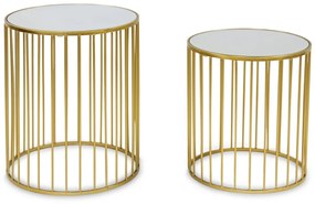 Design 2db-os küllős fém arany asztal szett, üveg asztallap 50x43x43/43x38x38cm