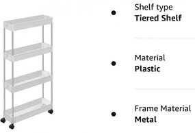 Konyhai tálaló kocsi, gurulós tároló polc, fehér 40x13x86cm