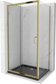 Mexen Apia zuhanykabin tolóajtóval 140 (ajtó) x 70 (fali) cm, 5mm átlátszó üveg, arany profil + fekete SLIM zuhanytálca, 840-140-070-50-00-4070G