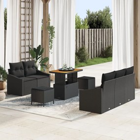8 Részes Kerti Sofa Szett Párnákkal Fekete Polirattan Akácia, 2-Fős Kerti Sofa Párnákkal Fekete Polirattan, 3 Részes Kerti Étkező Szett Párnákkal Fekete Polirattan Akácia