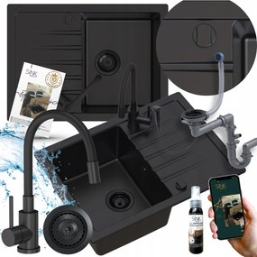 Gránit Mosogató Szett Fekete Matt+csaptelep+szifon Automata+impregnáló 8in1