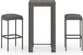 vidaXL 3 részes szürke polyrattan kerti bárszett párnákkal