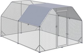 PawHut Keltető Tyúkól Szabad Tér Kert, 280 x 380 x 195 cm Tyúk Mandula Ajtóval, Esővédő Napernyővel, Baromfi Tyúkól 10-12 Tyúknak, Oxford, Ezüst | Aos