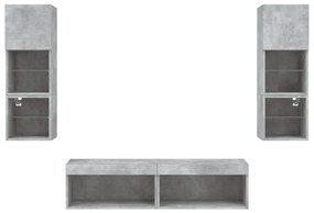 6 darab betonszürke szerelt fa fali TV-bútor LED-del