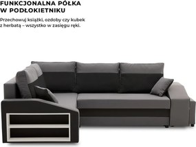 Grande sarokkanapé polcokkal és puffokkal , polc a bal karfaban puffok a jobb karfaban, baloldali, szövet anyag, bonell töltet, szürke - fekete