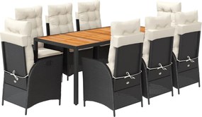 vidaXL 9 részes fekete polyrattan kerti étkezőgarnitúra párnákkal