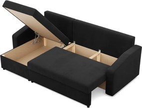 Zeus sarokkanapé, 2 ágyneműtartóval, döntött kartámasz, szövet anyag, univerzális oldal, hab töltet, fekete