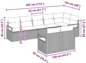 8 Részes Kert Kanapé Szett Párnákkal Szürke Poli Rattan, 2-Fős Kert Kanapé Párnákkal Szürke Poli Rattan