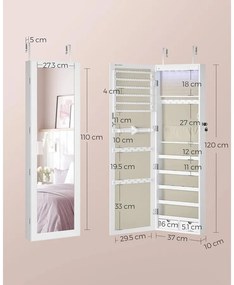 Ékszerszekrény falra szerelhető, zárható tároló tükörrel és több rekesszel – fehér/bézs