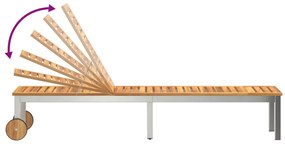 Napozóágy Kerekekkel 207x58x35 cm Tömör Akácfából és Rozsdamentes Acélból