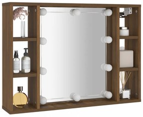barna tölgyszínű tükrös szekrény LED-ekkel 76 x 15 x 55 cm