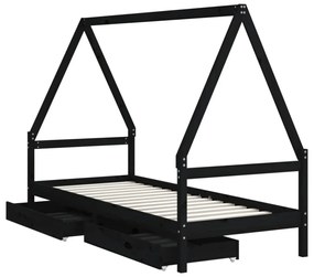 fekete tömör fenyőfa gyerekágykeret fiókokkal 90 x 200 cm