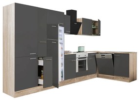 Yorki 370 sarok konyhablokk sonoma tölgy korpusz,selyemfényű antracit front alsó sütős elemmel polcos szekrénnyel, felülfagyasztós hűtős szekrénnyel