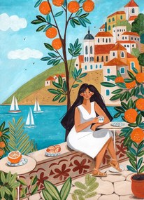 Illusztráció Travel poster woman in Mediterranean coast, Caroline Bonne Muller