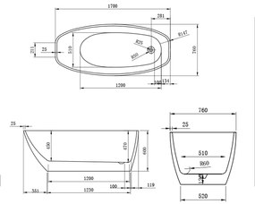 Riva szabadon álló fürdőkád 170x76x60 cm