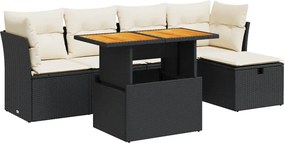 vidaXL 6 részes fekete polyrattan akácfa kerti ülőgarnitúra párnákkal
