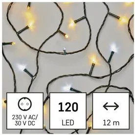 LED karácsonyi fényfüzér, villogó, 12 m, kültéri és beltéri, meleg/hideg fehér, időzítő