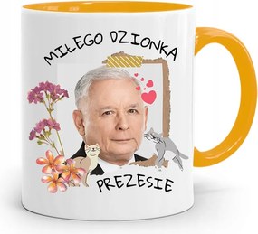 Sárga Vicces Bögre Jaroslaw Kaczynski felirattal, fényképpel