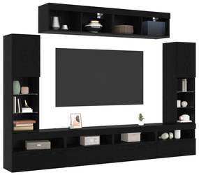 8 darabos TV faliszekrény LED világítással fekete tölgy MDF anyagból