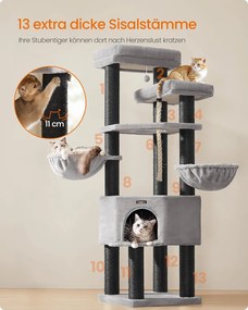 Nagy, Többszintes Macskabútor XXL 55 x 55 x 186,7 cm, szürke, fekete