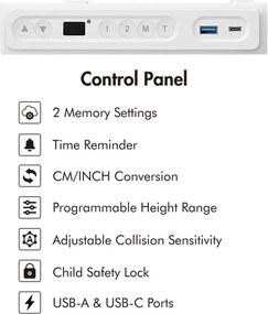 Logilink Elektromosan állítható magasságú asztal, vezeték nélküli töltés, 2x USB port