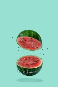 Művészeti fotózás Watermelon sliced flying on pastel green, Amax Photo, (26.7 x 40 cm)