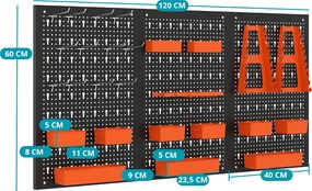 Fém szerszámtároló 9 rekesszel és akasztókkal