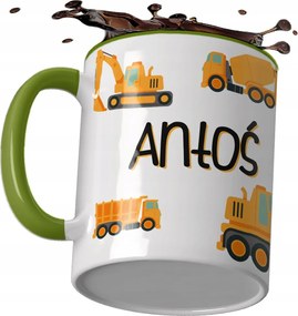 Zöld bögre ajándék kisfiúnak, saját nevével ellátott kotrógéppel