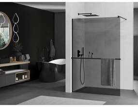 Mexen Kioto +, zuhany paraván polccal és törölközőtartóval 90 x 200 cm, 8mm szürke üveg, fekete profil, 800-090-121-70-40