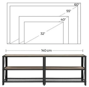 TV szekreny, TV-asztal polcokkal, acélkerettel, 140 x 52 x 39 cm, greige és fekete