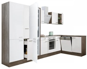 Yorki 370 sarok konyhablokk yorki tölgy korpusz,selyemfényű fehér front alsó sütős elemmel polcos szekrénnyel, alulfagyasztós hűtős szekrénnyel