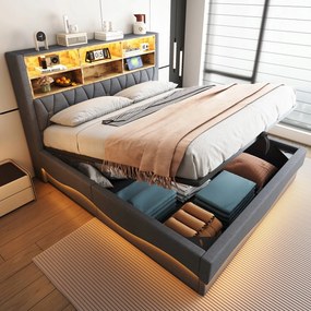 Kárpitozott ágy Dupla ágy Hidraulikus Led Usb 180X200CM szürke