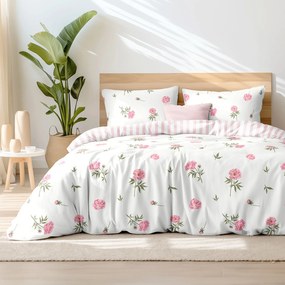 Goldea pamut ágyneműhuzat - pünkösdi rózsamintás, púderrózsaszín csíkos hátoldal 140 x 200 és 70 x 90 cm