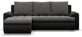 Tokio sarokkanapé, 2 ágyneműtartóval, bársony + műbőr, baloldali, szürke - fekete