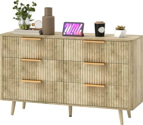 HOMCOM 6-Fiókos Komód hálószobába csíkos dizájnnal és fa lábakkal, Oldalszekrény nappaliba vagy előszobába 62x35x105 cm Tölgy | Aosom