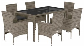 7 részes szürke polyrattan/üveg kerti étkezőgarnitúra párnával