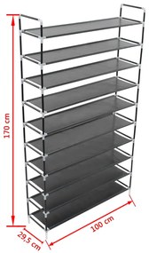 10 polcos fekete fém/nem szőtt kelme cipőtartó