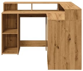 kézműves tölgy színű szerelt fa LED-es íróasztal 130x130x91 cm