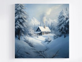 Poszter Tájkép Tél Hó Erdő Hegyek Ház Kunyhó Rönk 40x40