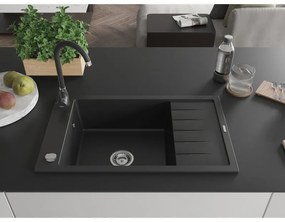 Mexen Elias, 1 kamrás gránit mosogató csepptálcával 80x48 cm, konyhai csaptelep Telma, fekete, 6511-77-670200-70