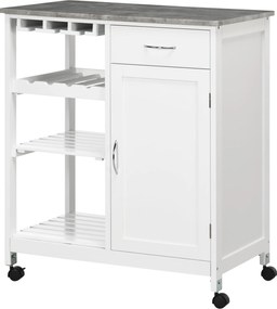 HOMCOM Konyhai Kocsi Kerekekkel, 1 Fiókkal, Levehető Polcokkal, 4 Palackos Borállvánnyal és Szekrénnyel, 40 kg Terhelhetőséggel, 76x48x88 cm, Fehér |