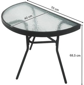 Kerti félkör alakú asztal üveglappal ISLAND 70x40 cm, fekete