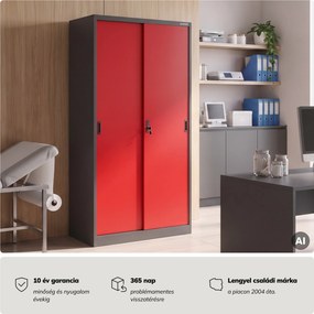 Fém irodai szekrény tolóajtókkal, antracit-piros, 900x1850x400 mm: KUBA