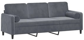 3 személyes sötétszürke bársony kanapé díszpárnákkal 180 cm