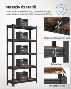 Nagy teherbírású tárolópolc, 5 állítható polccal, 650 kg teherbírás, 75 x 30 x 150 cm, rusztikus barna/fekete